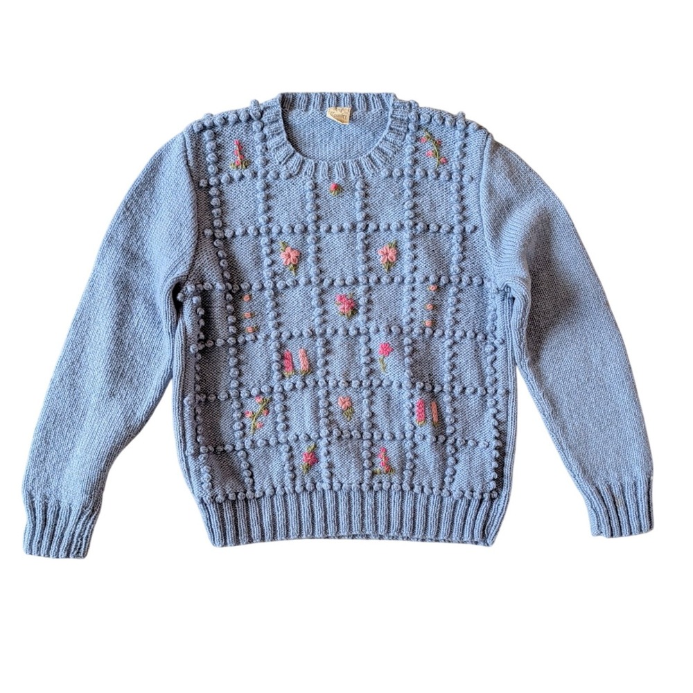 Vintage High Country Handcraft‎ Wool Sweater Blue Bauble Knit Embroidered- M